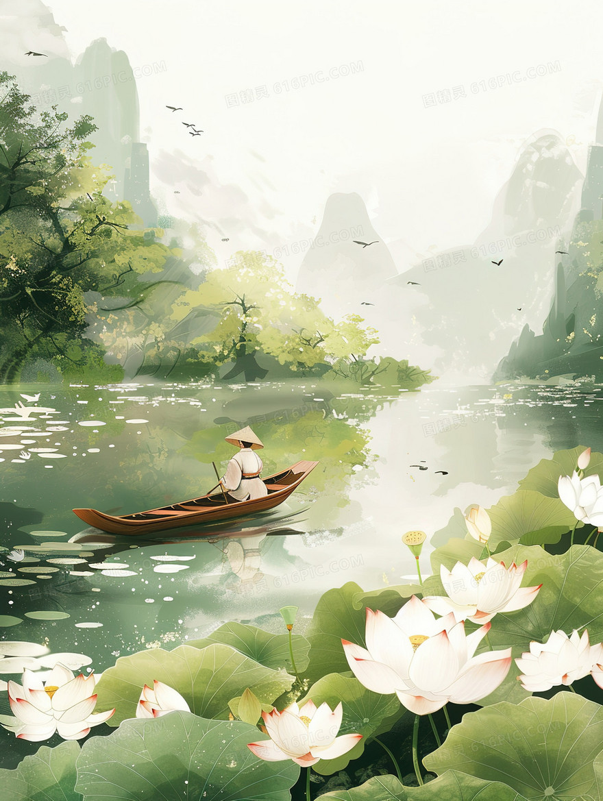 荷花盛开的荷塘里一个人撑着小舟观光插画