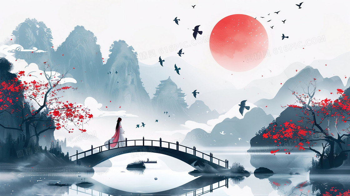 清明节山野古桥上站着少女插画