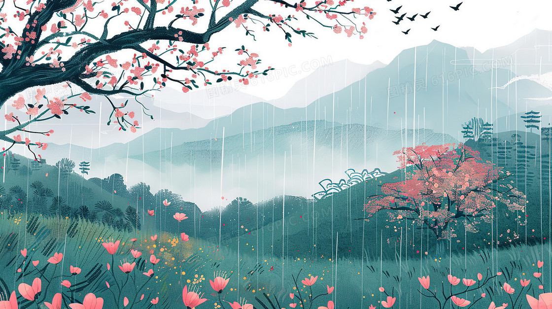 清明节细雨中山林插画