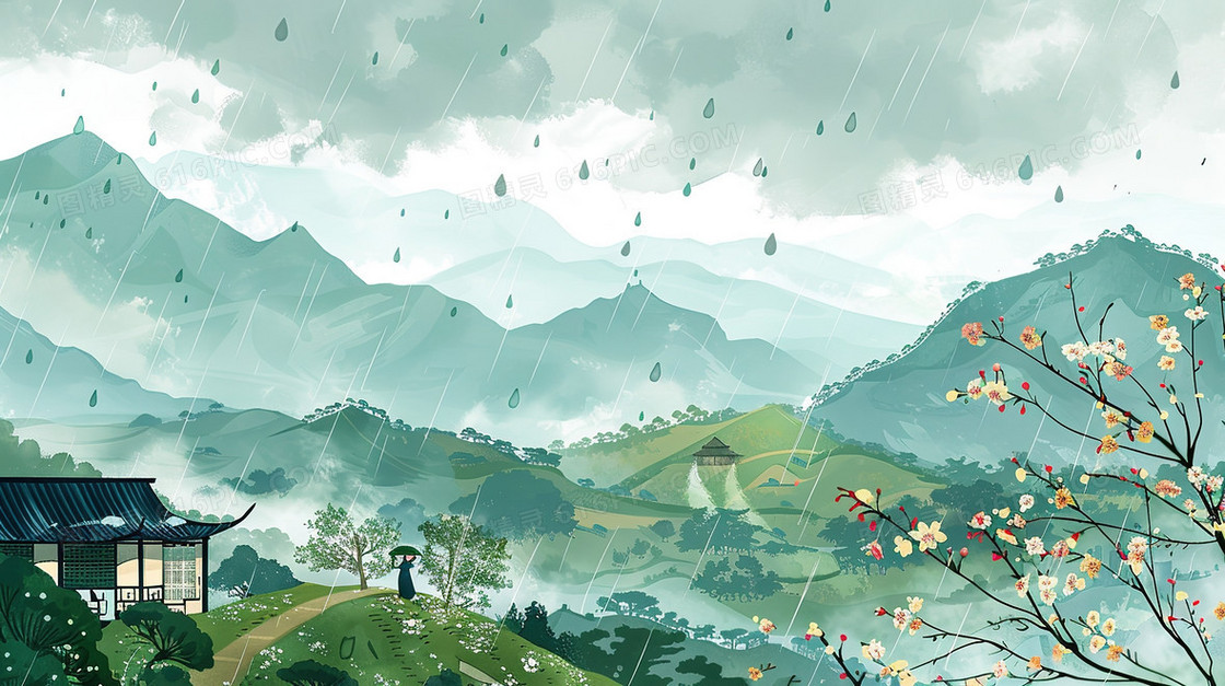清明时节烟雨中的山林里的房屋插画