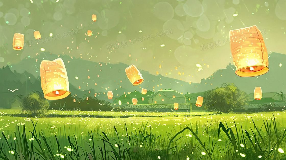 清明节草原上的孔明灯插画
