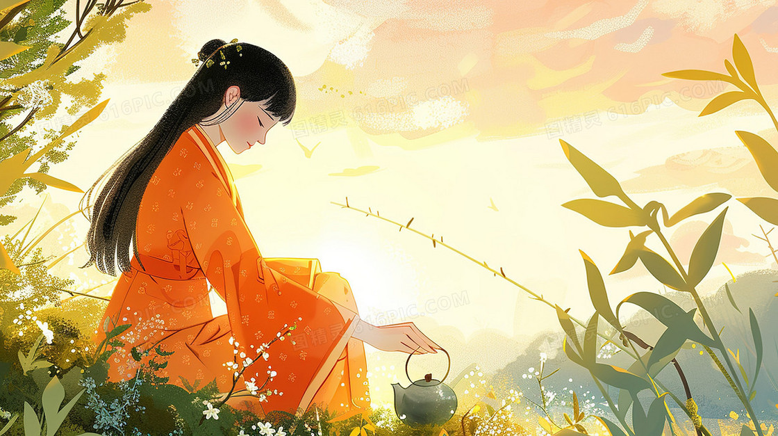 品尝春茶的古典美人插画