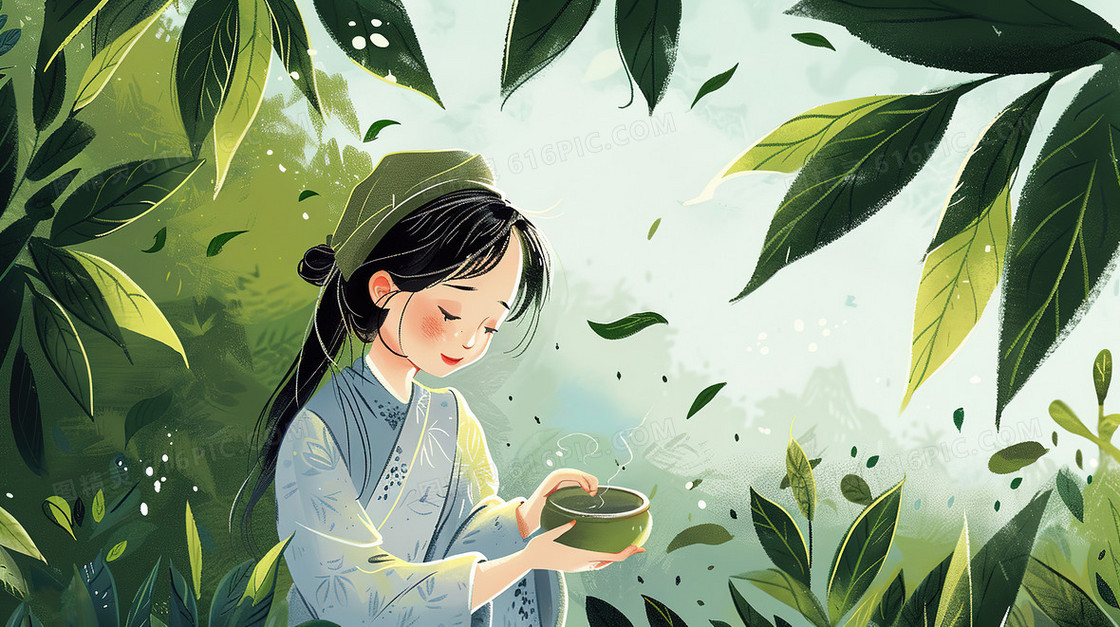 品尝春茶的古典美人插画