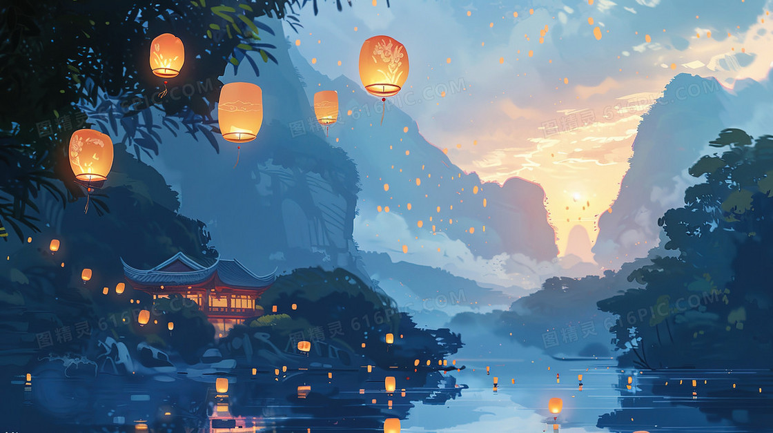 清明节河边的古镇上空的孔明灯插画