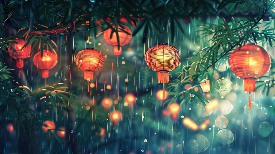 清明节雨中的红灯笼插画