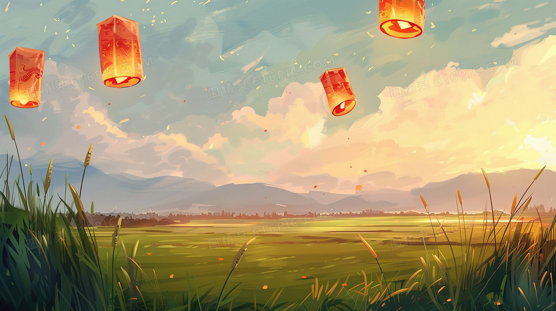 清明节青青草原上的孔明灯插画