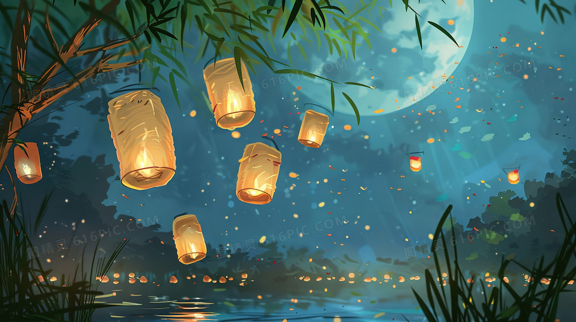 清明节河边的古镇上空的孔明灯插画