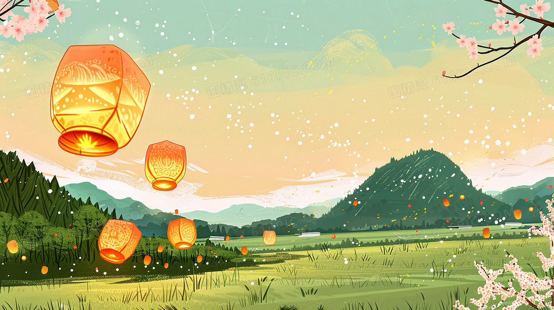清明节草原上的孔明灯插画