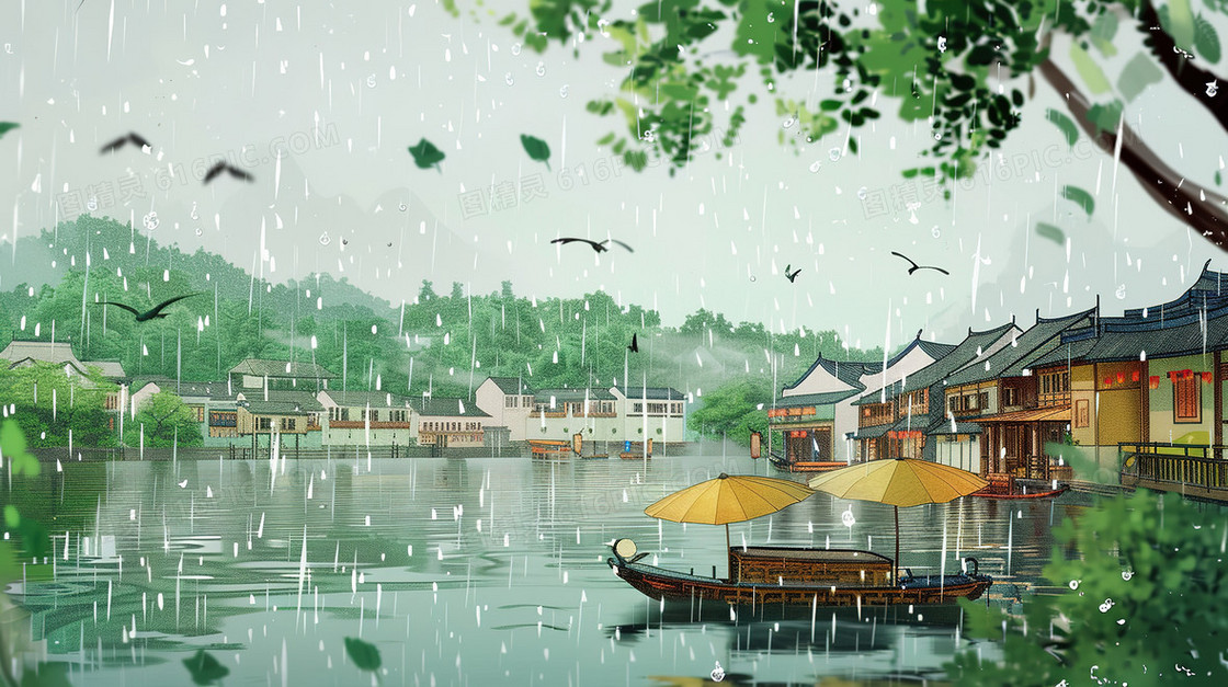 清明节雨纷纷的山林古村落插画