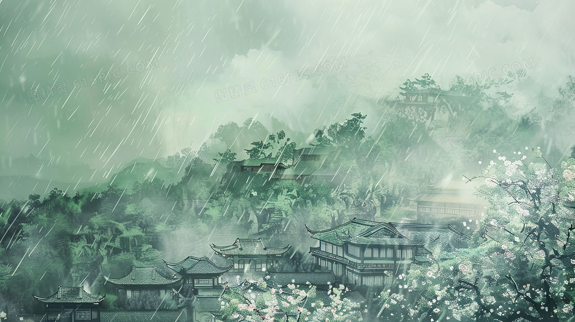 清明节雨纷纷的山林古村落插画
