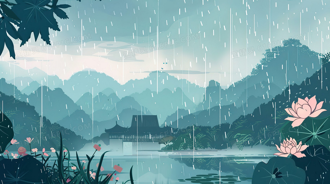 清明节雨纷纷的山林古村落插画