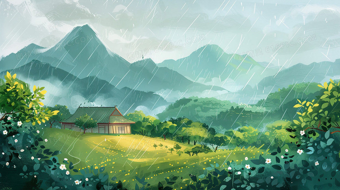 清明时节烟雨中的山林里的房屋插画