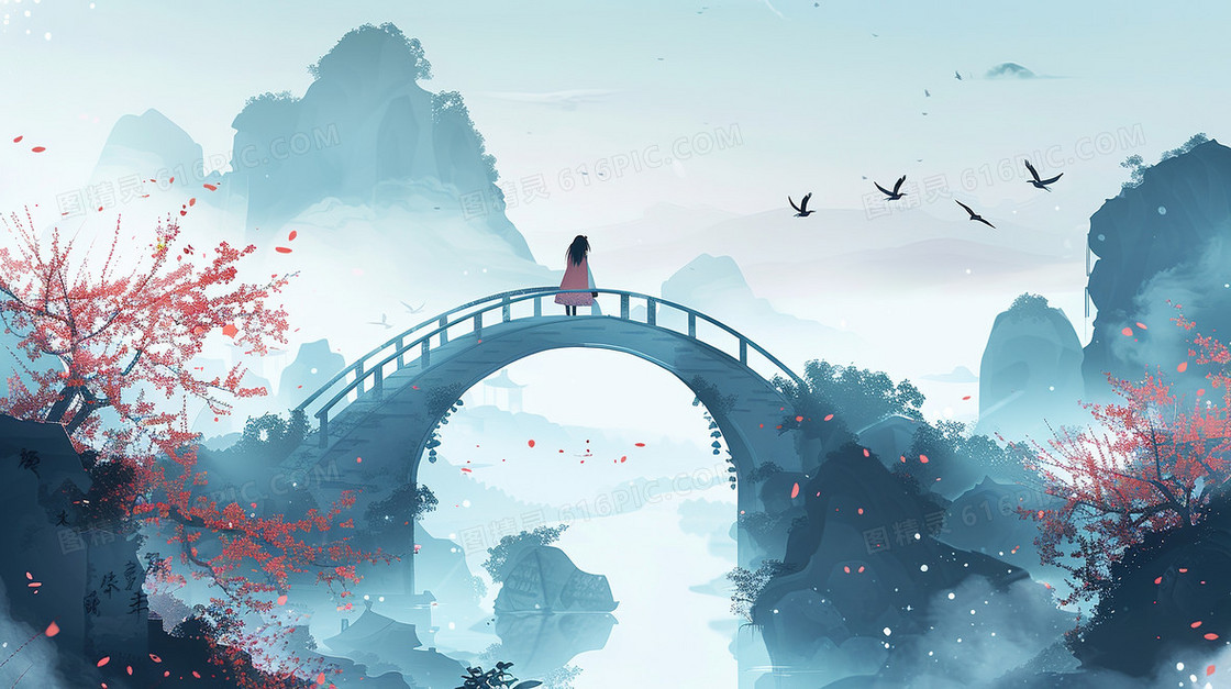 清明节山野古桥上站着少女插画