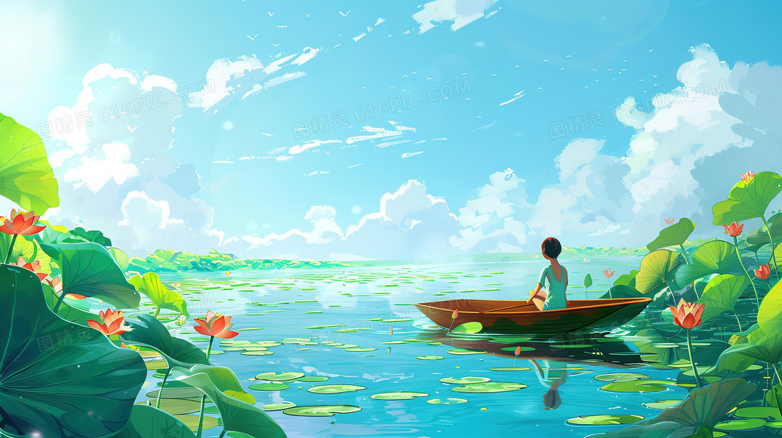 蓝天下的荷塘里一个人撑着小舟观光插画