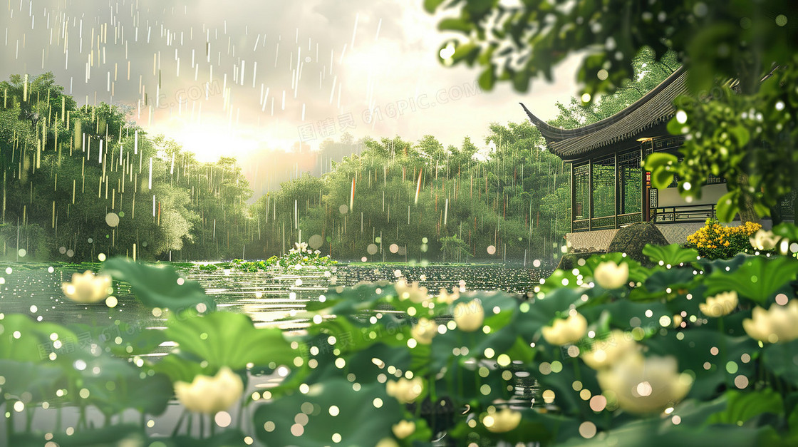 细雨中的山林凉亭插画