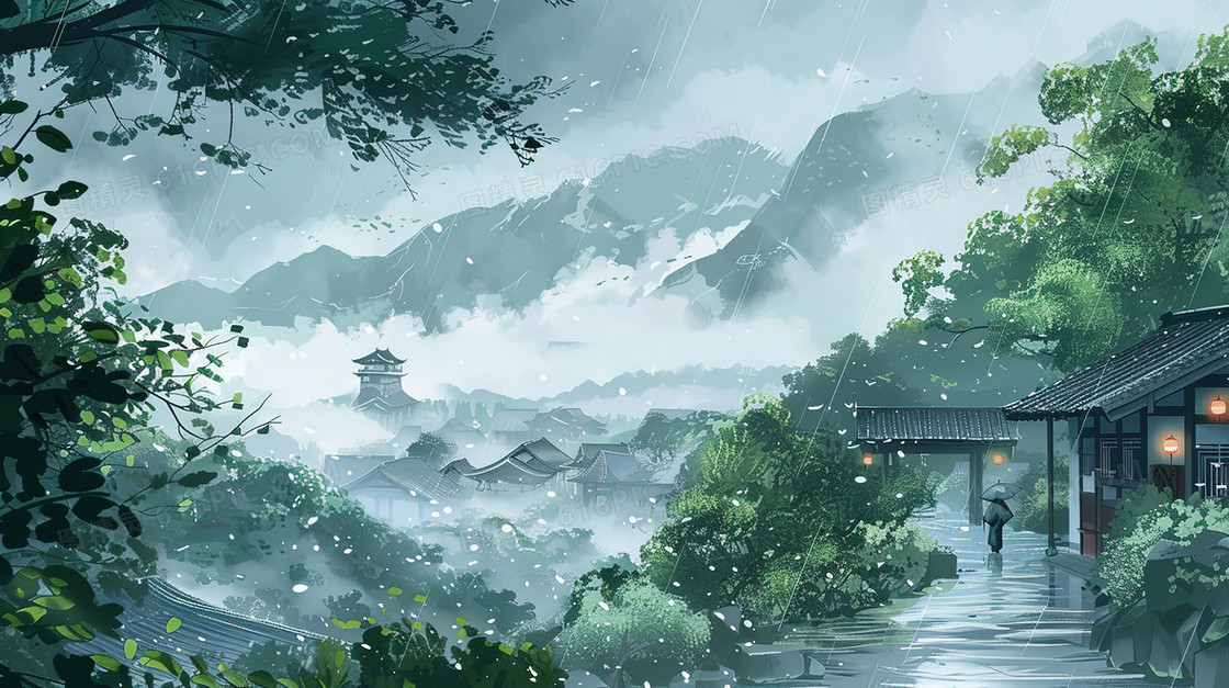 清明时节烟雨中山林里的古楼插画