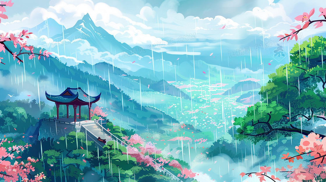细雨中的山林凉亭插画