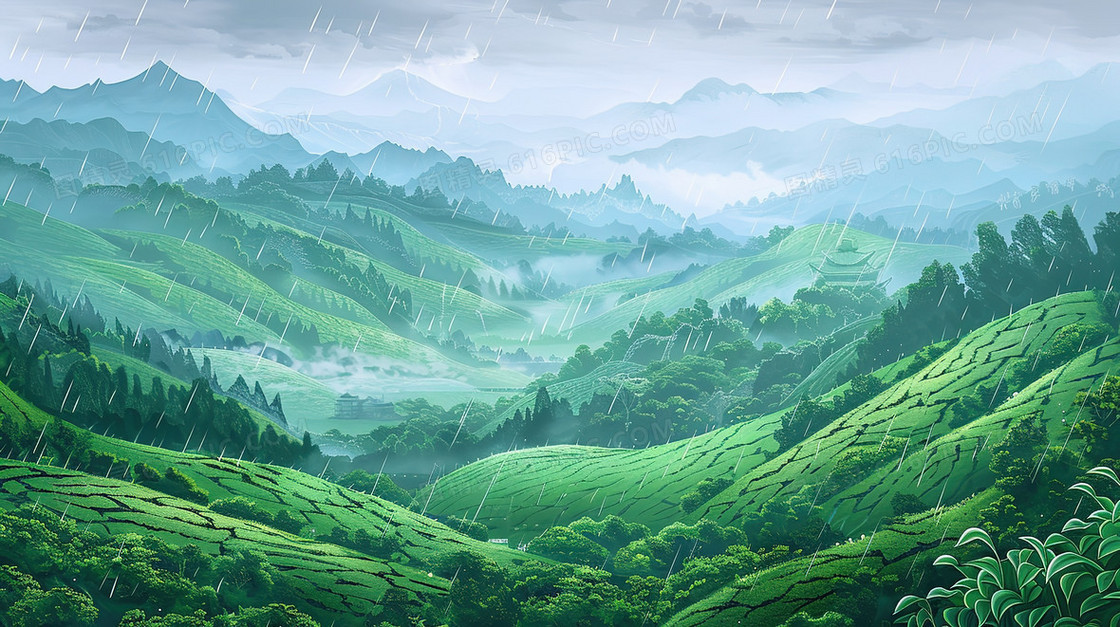清明节雨中翠绿的茶山插画