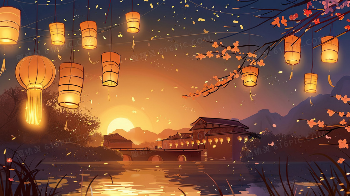 清明节河边的古镇上空的孔明灯插画