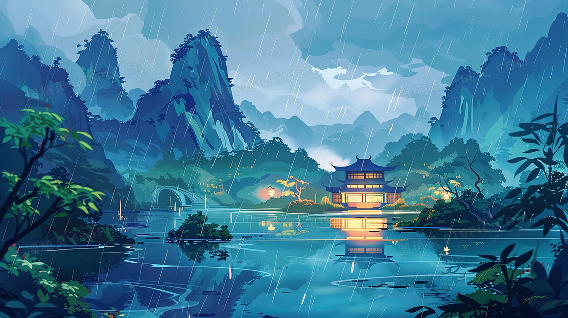 清明时节烟雨中的山林里的房屋插画