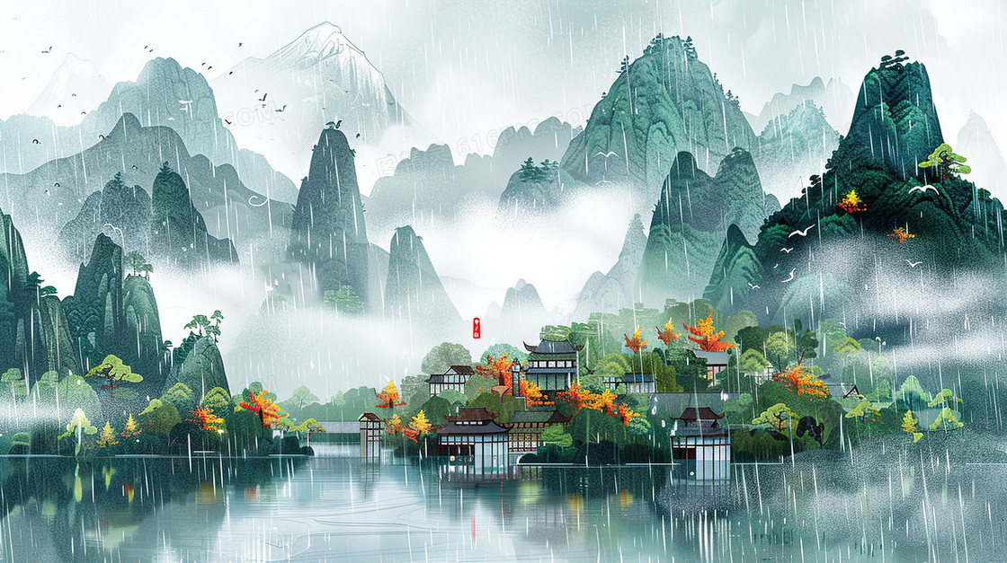 清明节雨纷纷的山林古村落插画