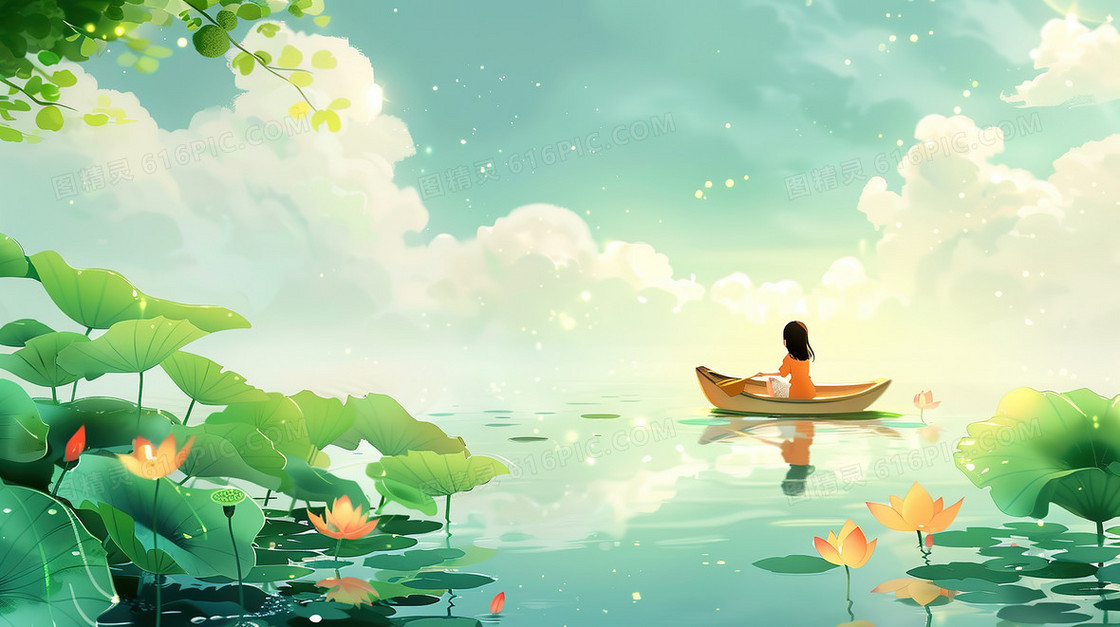 蓝天下的荷塘里一个人撑着小舟观光插画