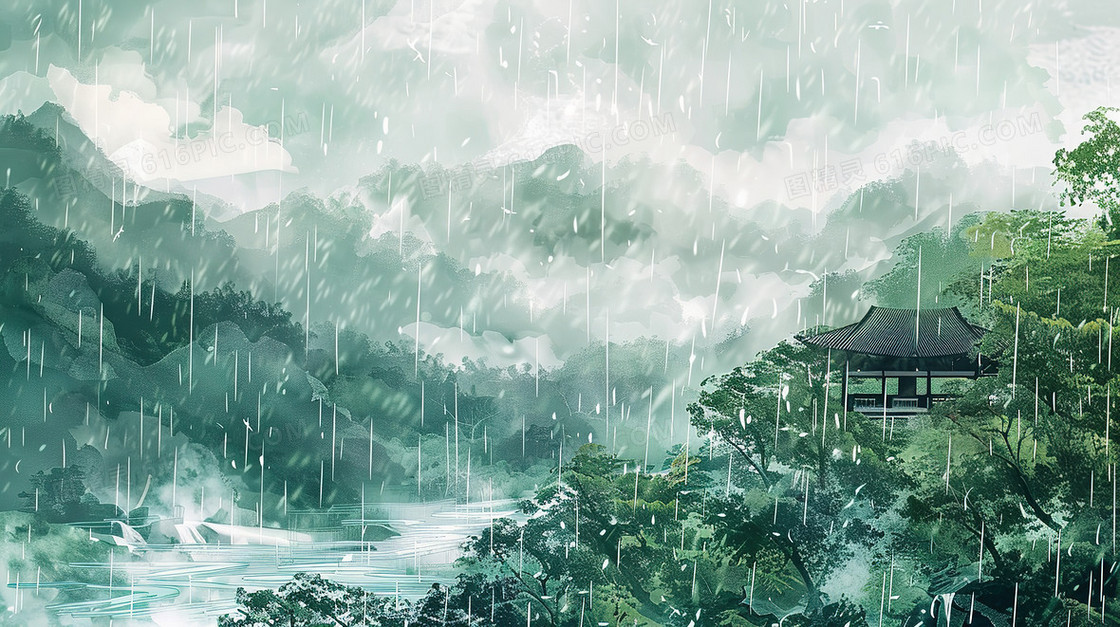清明节细雨中山林插画