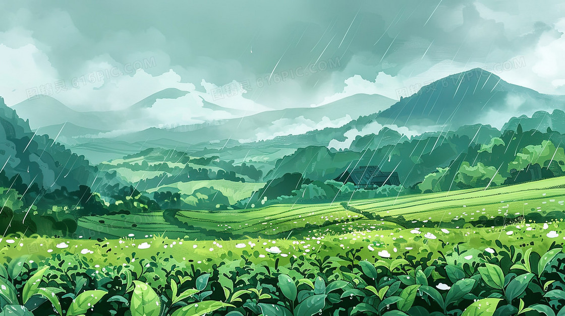 清明节雨中翠绿的茶山插画