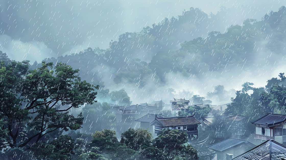 清明节雨纷纷的山林古村落插画