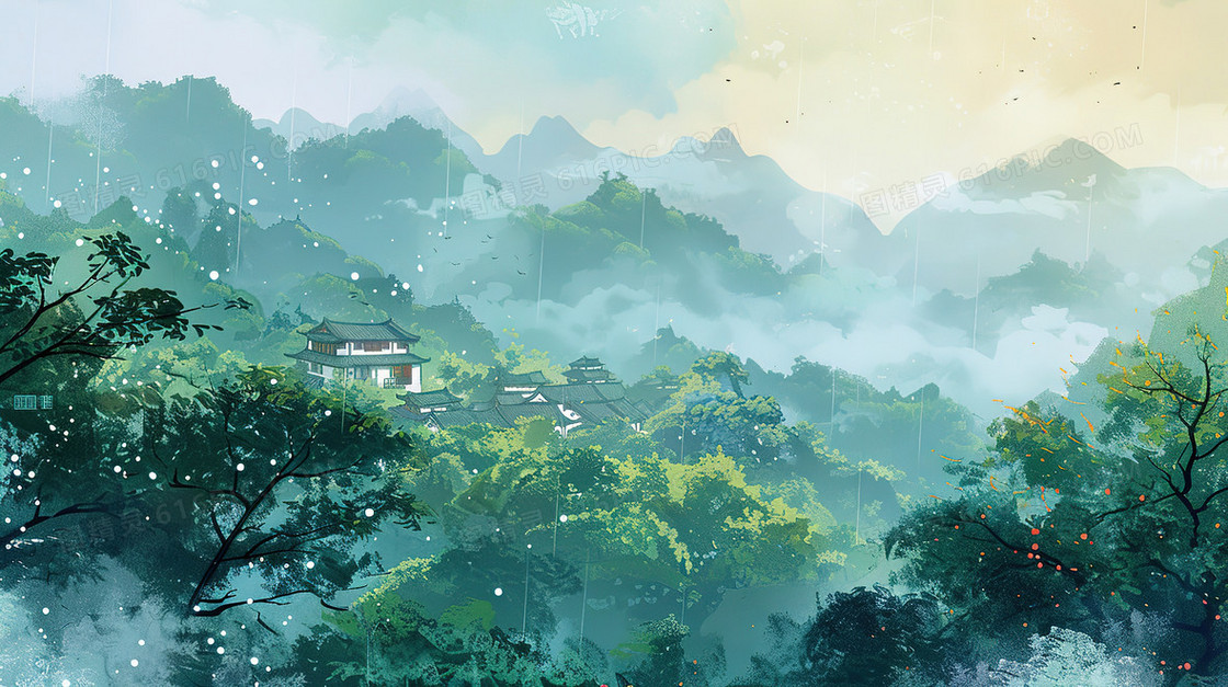 清明时节烟雨中山林里的古楼插画