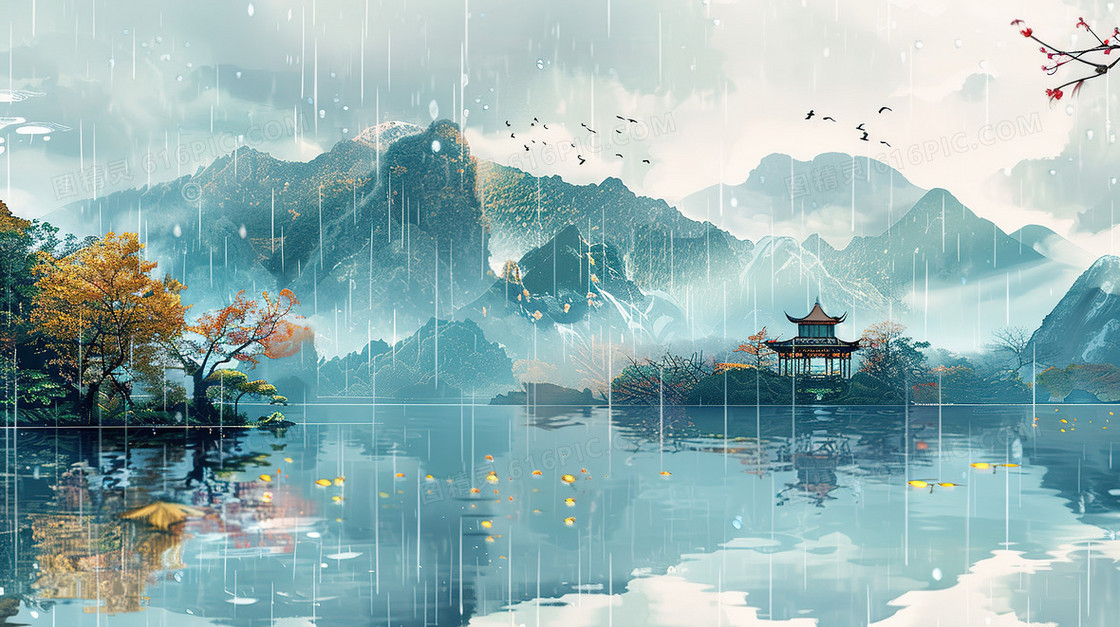 清明节雨纷纷的山林古村落插画