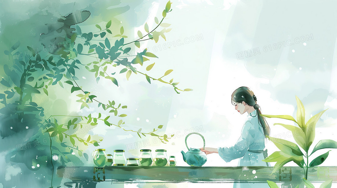 品尝春茶的古典美人插画