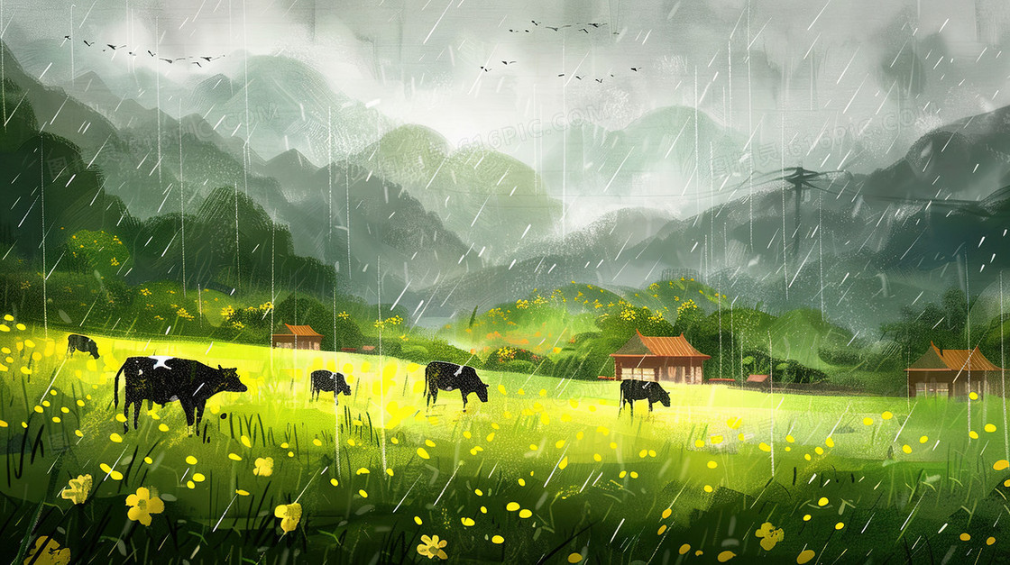 清明节雨中山间田野里牛群插画
