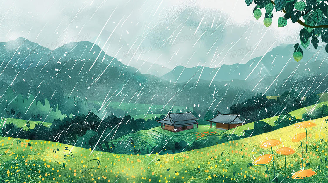 清明节细雨中山林插画
