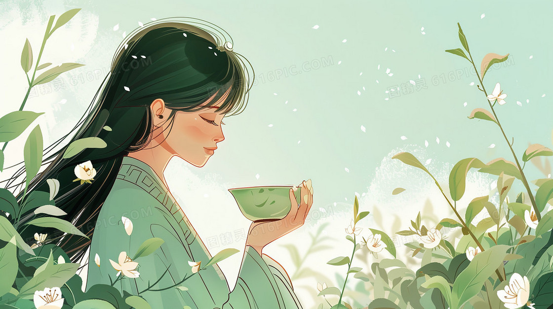 品尝春茶的古典美人插画