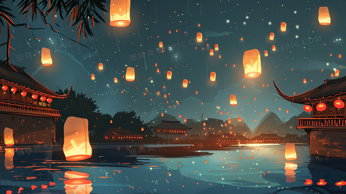 清明节河边的古镇上空的孔明灯插画