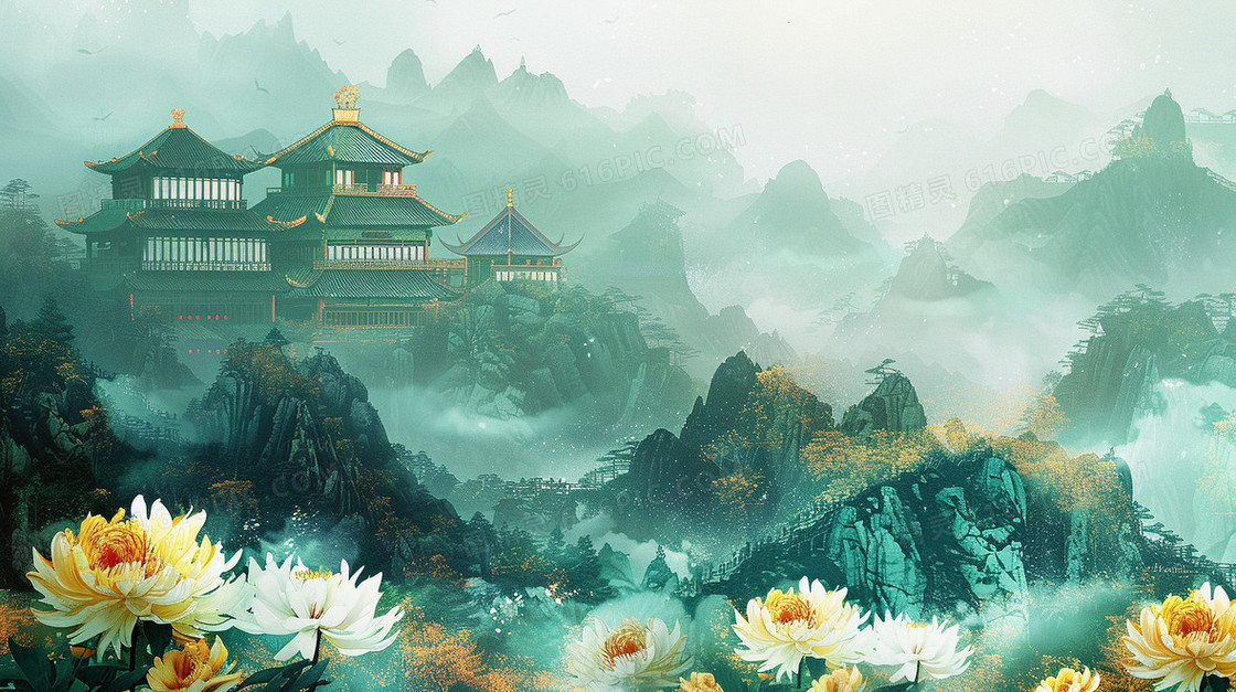 鎏金风国潮建筑菊花山水画