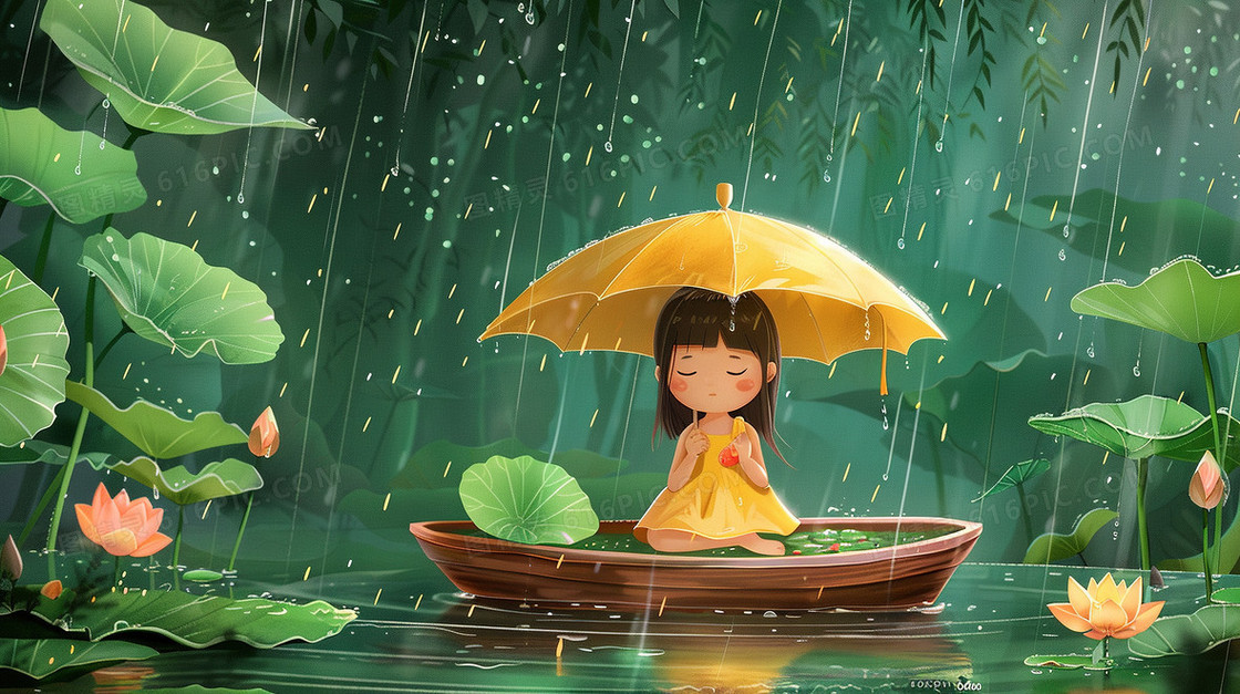 清明下雨小船上打伞的少女