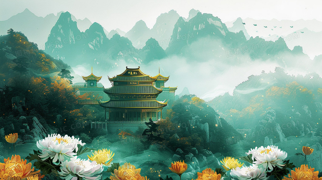 鎏金风国潮建筑菊花山水画