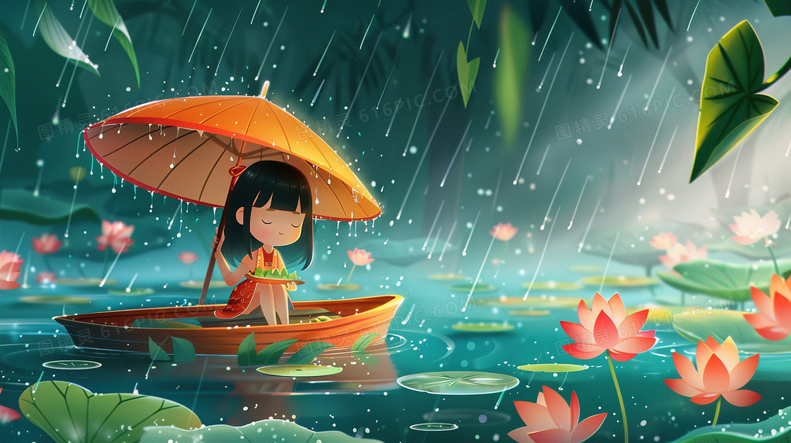 清明下雨小船上打伞的少女