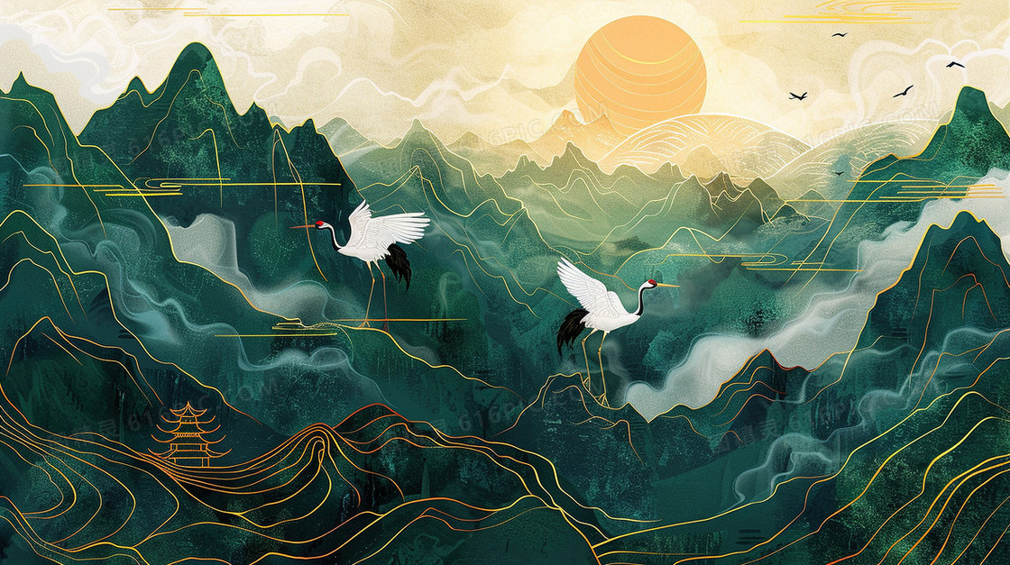 鎏金风国潮建筑仙鹤山水画