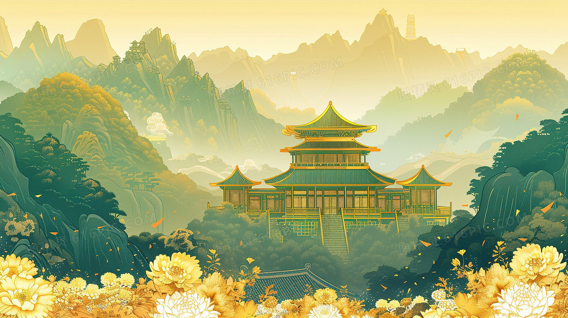 鎏金风国潮建筑菊花山水画