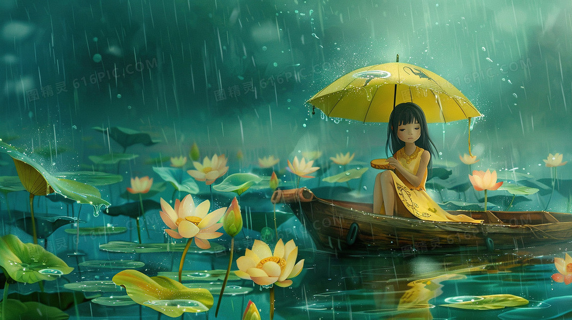 清明下雨小船上打伞的少女