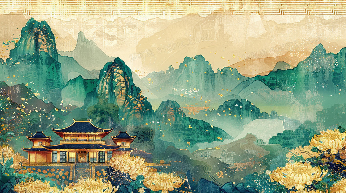 鎏金风国潮建筑菊花山水画