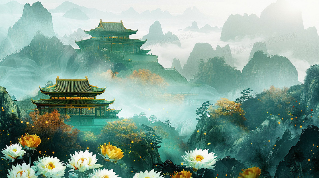 鎏金风国潮建筑菊花山水画