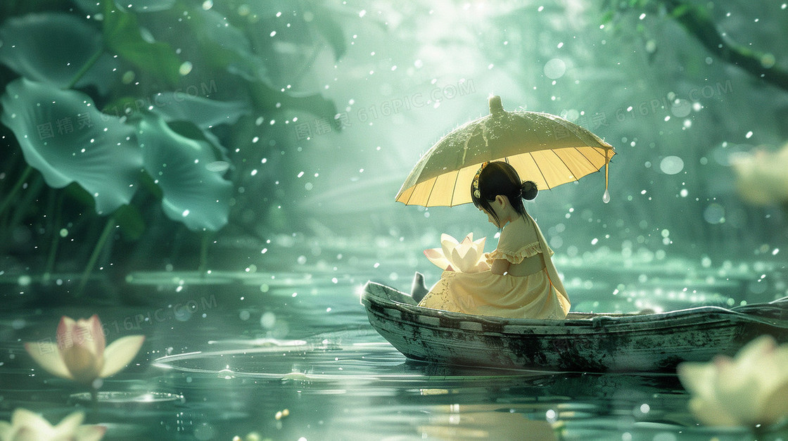 清明下雨小船上打伞的少女