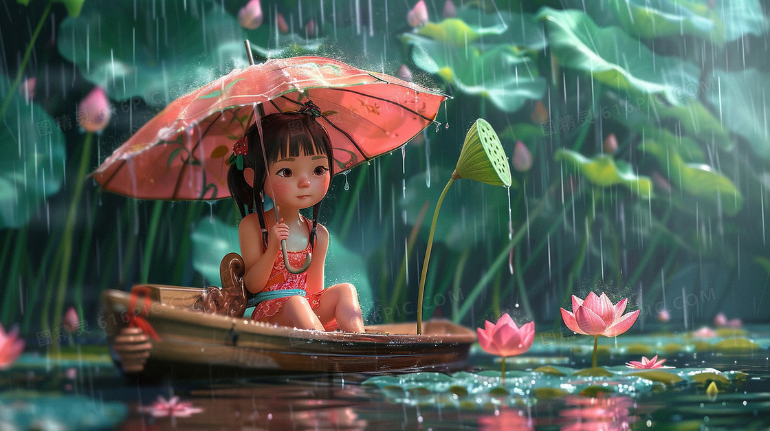 清明下雨小船上打伞的少女