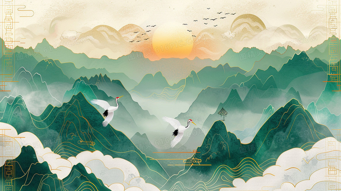 鎏金风国潮建筑仙鹤山水画