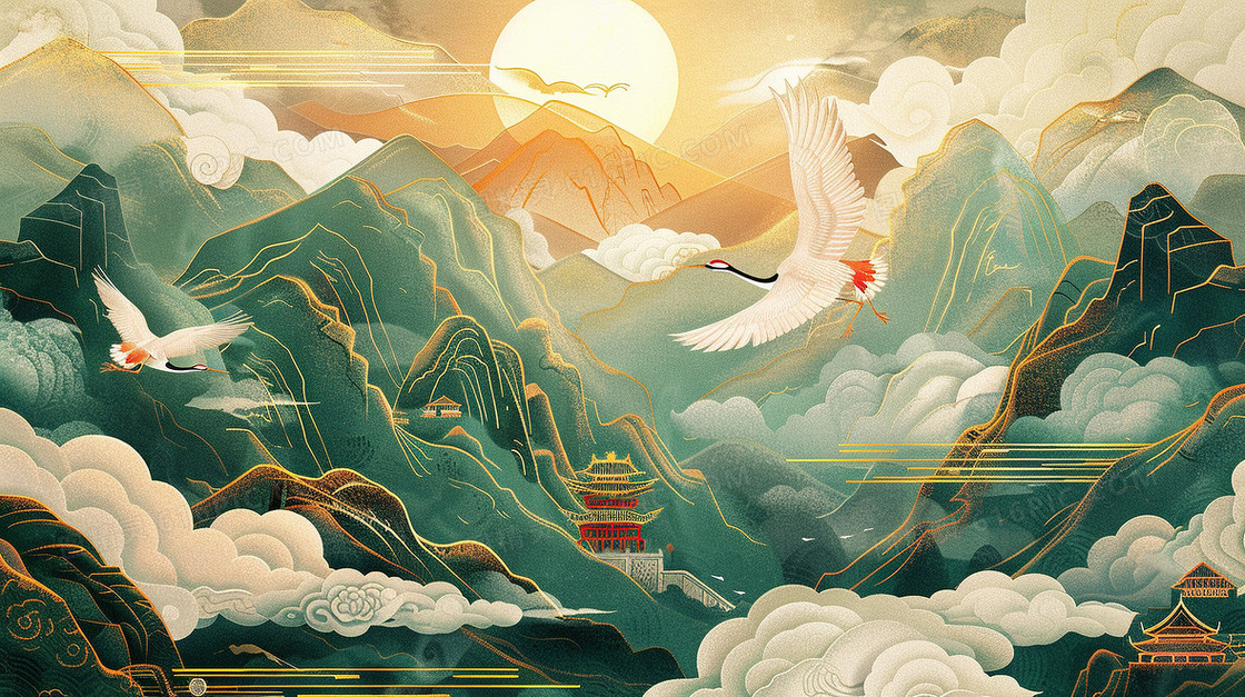 鎏金风国潮建筑仙鹤山水画