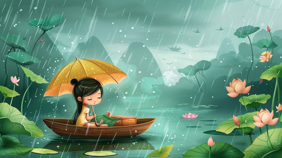 清明下雨小船上打伞的少女